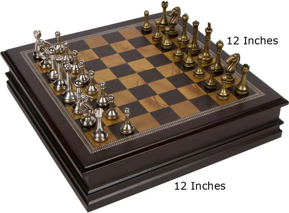 Chess Inlaid Wood Board Game Set with Metal Pieces