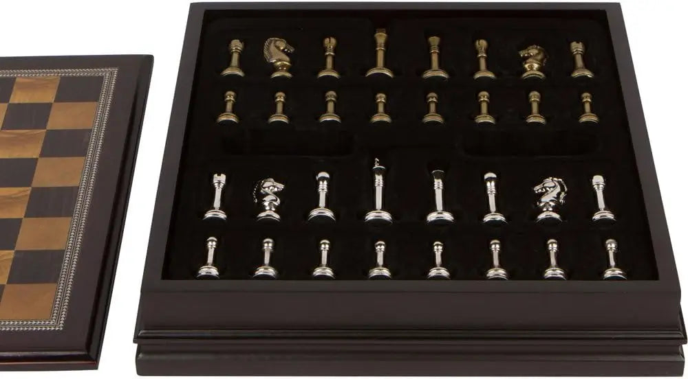 Chess Inlaid Wood Board Game Set with Metal Pieces